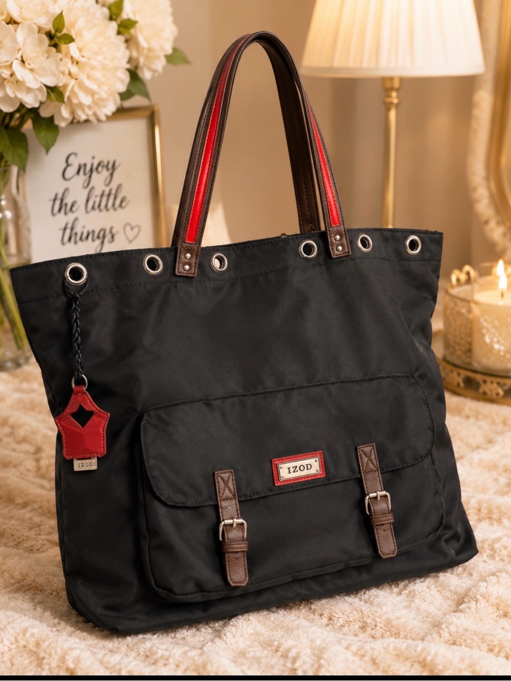 IZOD Black Nylon Tote Bag with Red Accent